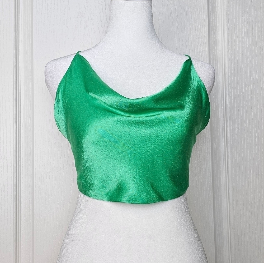 Zara Women's Satin Effect Cropped Green Halter Top, MEDIUM - Picture 2 of 14